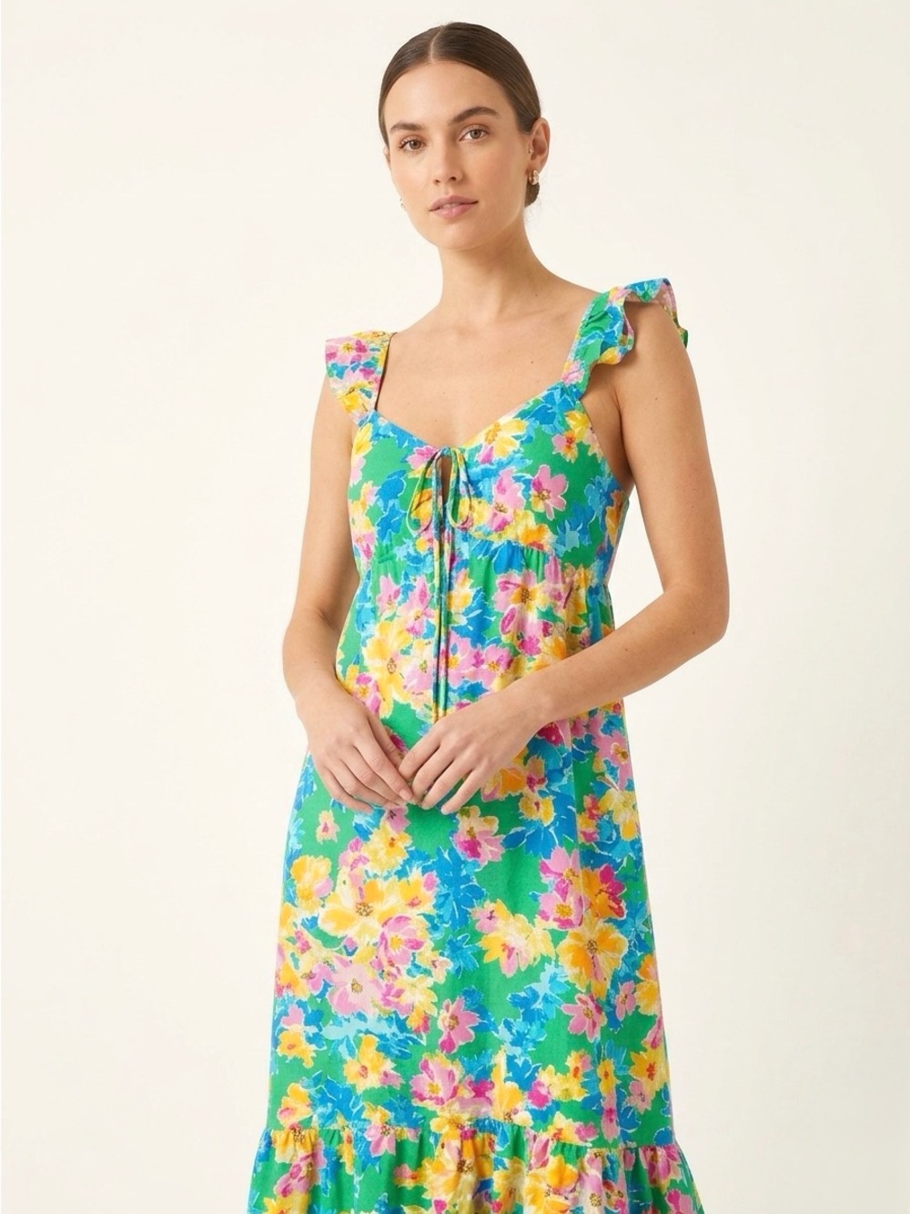 Woman’s Floral V-Neck Maxi Dress with Front Tie | Emma and Michele| Size Large